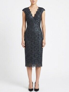 PLEIN SUD Black Scalloped Floral Lace Midi Sheath Dress Women's Size EU42/US 8